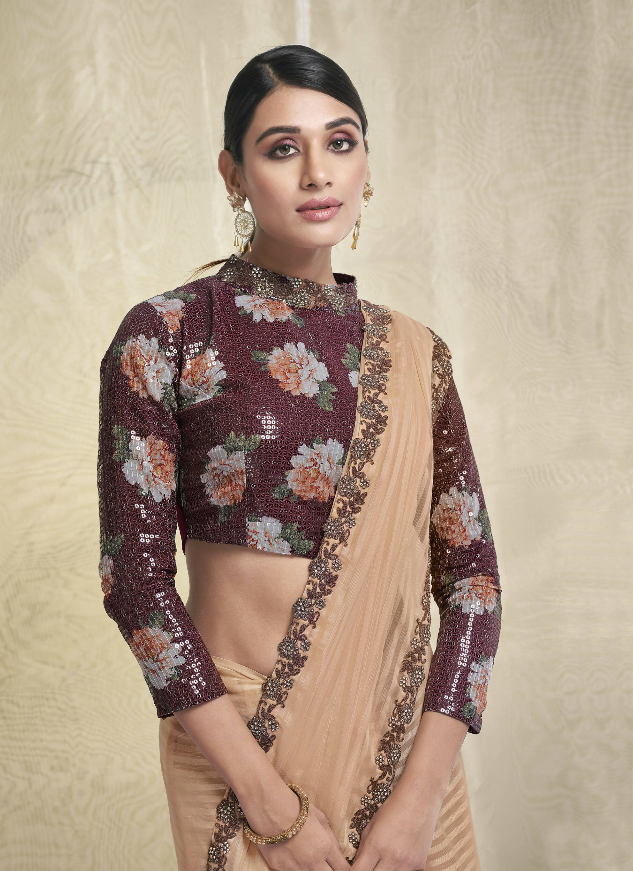 Peach Georgette Stone Work With Embroidery In Border Saree With Blouse Piece - Norita Avyaan