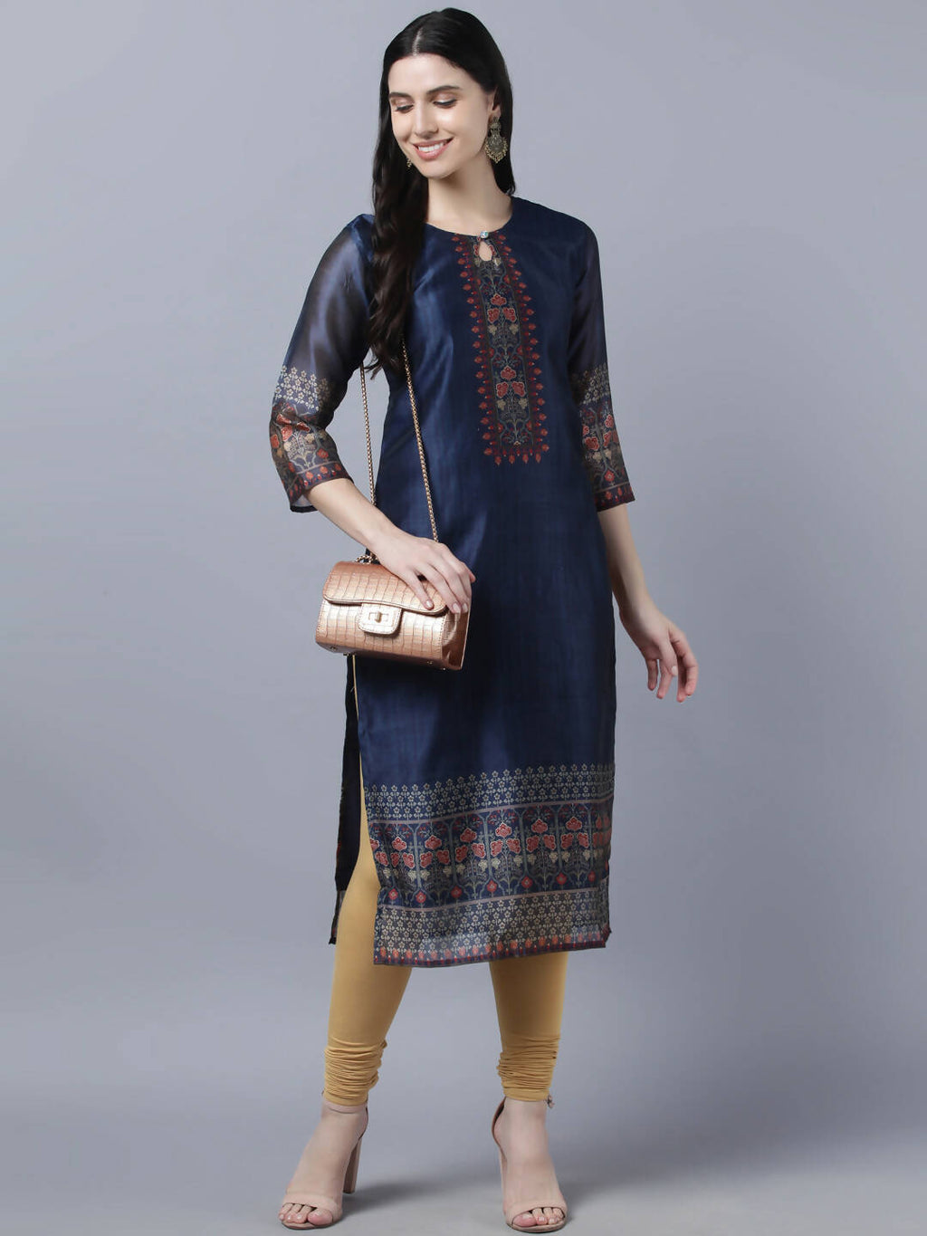 Myshka Women Navy Blue Ethnic Motifs Printed Keyhole Neck Chanderi Silk Kurta