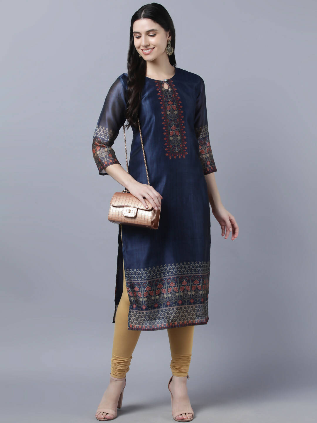 Myshka Women Navy Blue Ethnic Motifs Printed Keyhole Neck Chanderi Silk Kurta