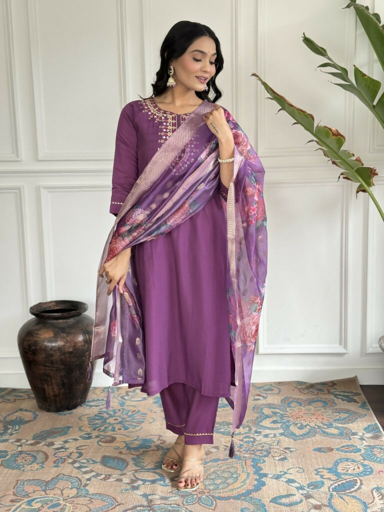 Purple Viscose chanderi Stitched Suit With Dupatta - Tanisha