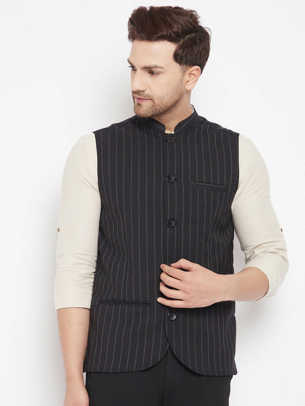 Even Apparels Black Merino Men Woven Nehru Jacket