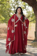 Vastranavya Faux Blooming with Embroidery Zari Sequins-work Gown with Dupatta - Maroon