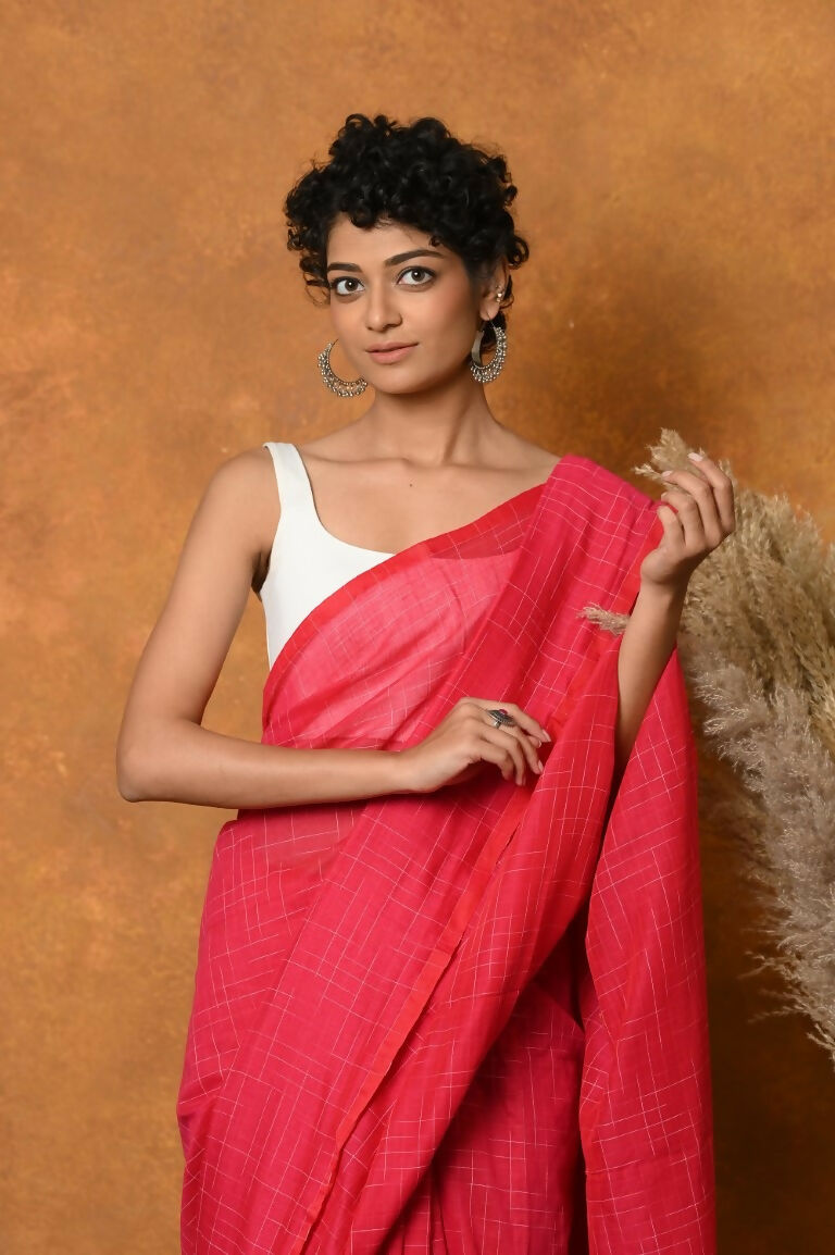 Very Much Indian Mul Cotton Khadi Design Handloom Woven Saree - Pink