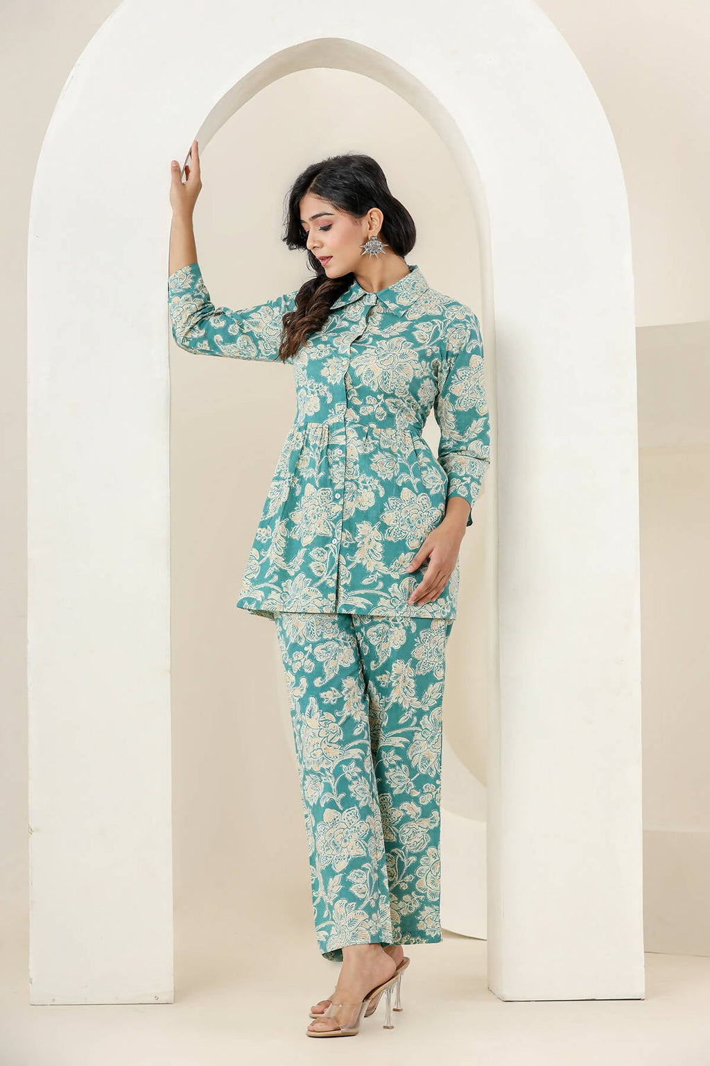 Kaajh Women's Turqouise Gold Print Cotton Co-ord Set