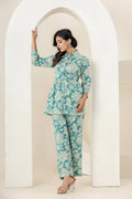 Kaajh Women's Turqouise Gold Print Cotton Co-ord Set