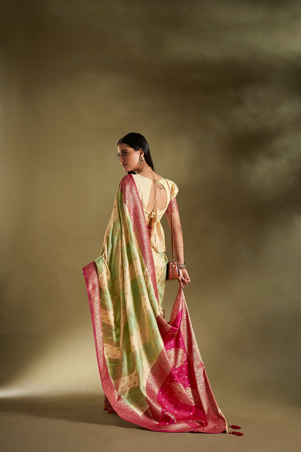 Joban Fashion Cream & Sea Green Plain With Weaving Border Banarasi Silk Sarees