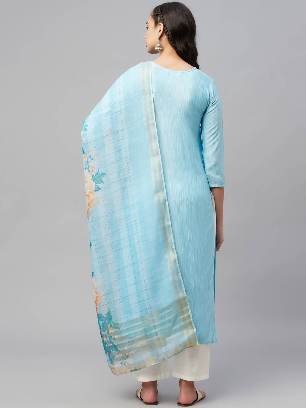 Myshka Turquoise Embroidered 3/4 Sleeve Round Neck Kurta Pant Dupatta Set