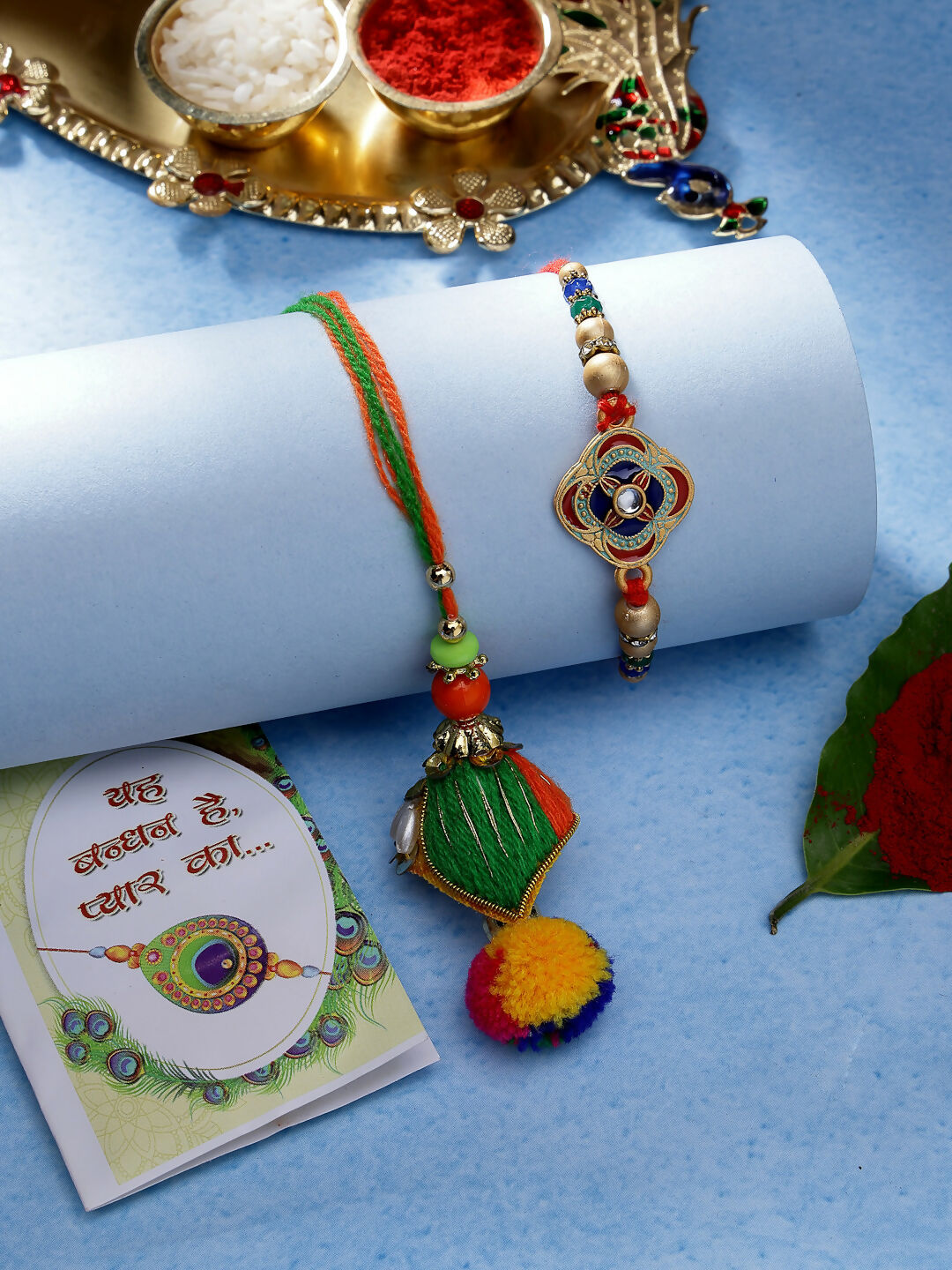 NVR Women & Men Set of 2 Multicolor Beaded Bhaiya Bhabhi Rakhi With Roli Chawal