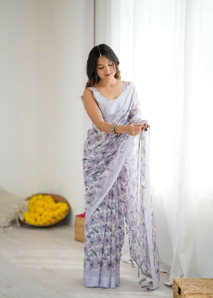 PR Fashion Light_Purple Bright Moss Satin Patta Printed Saree