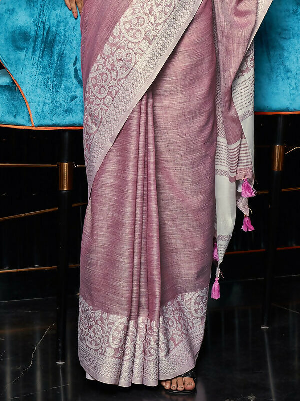 Shree Shyam Fashion Elegant Mauve Woven Linen Saree with Contrast Zari Border & Tassels - Soft & Breathable Party Wear