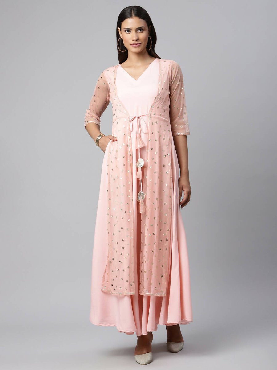 Ahalyaa Women Pink Crepe & Net Foil Print Dress