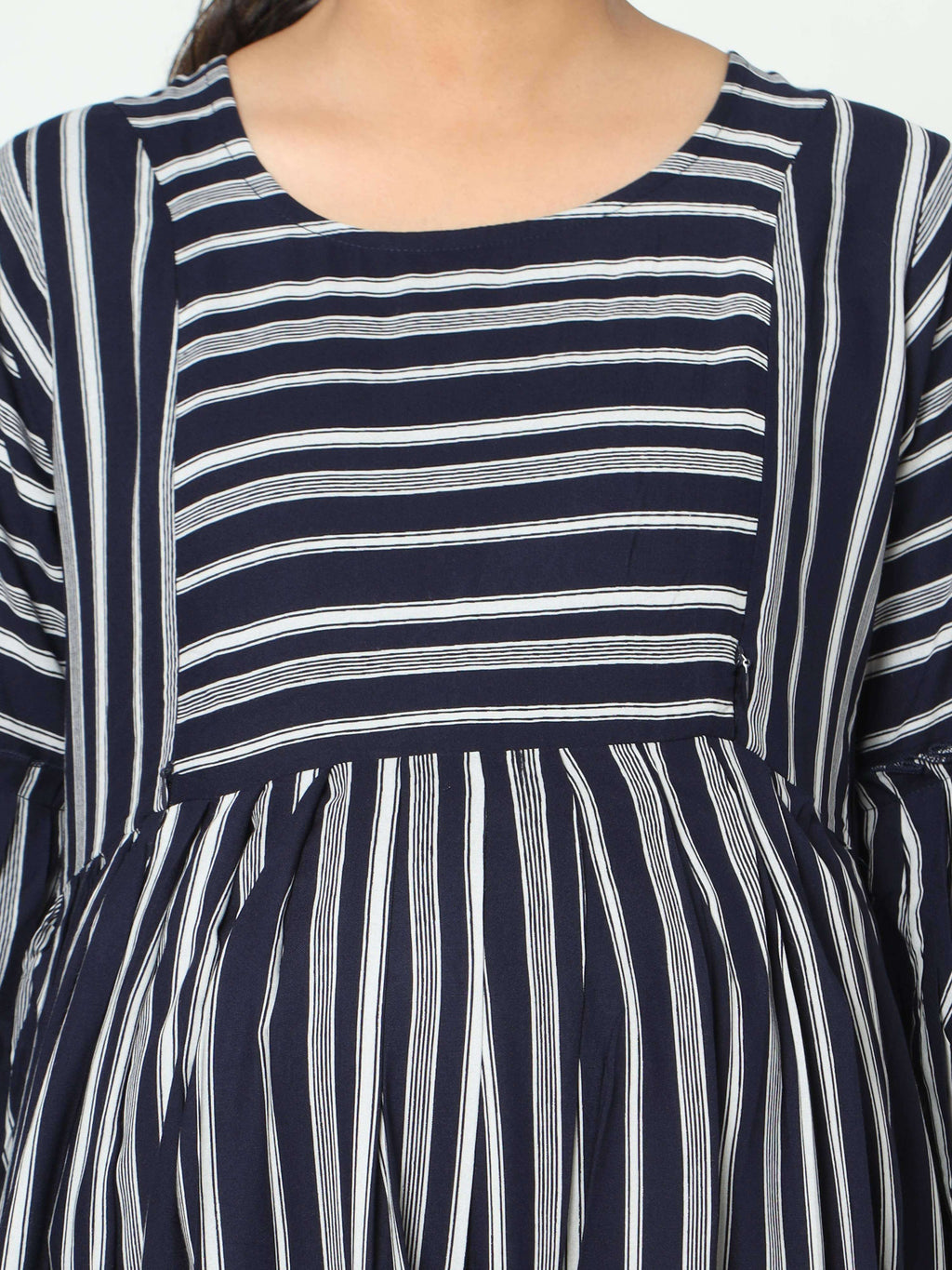 Manet Three Fourth Maternity Dress With Concealed Zipper Nursing Access - Navy Blue