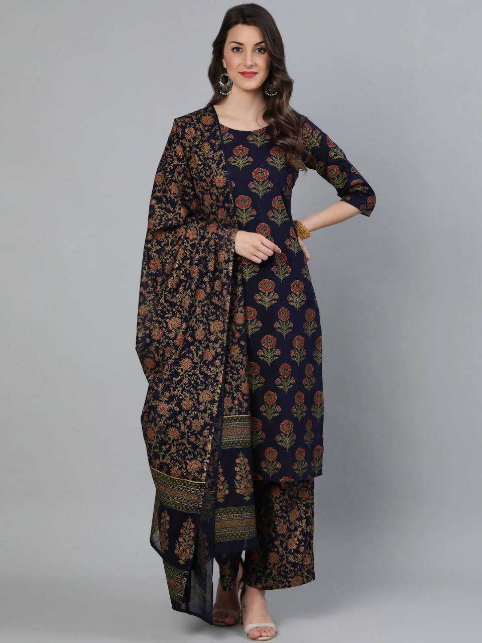 Vamika Printed Rayon Navy Blue Party Wear/Casual Wear Kurta Set/Suit