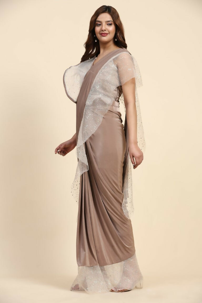 Light Brown Lycra Solid Ready to Wear Saree with stitched Blouse - Nita