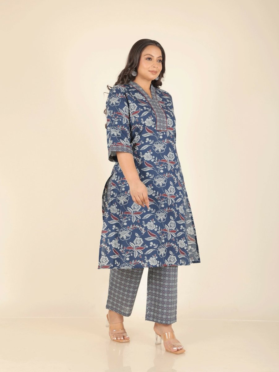 Aramya Blue Soft Cotton Floral Print Straight Kurta Set for Women