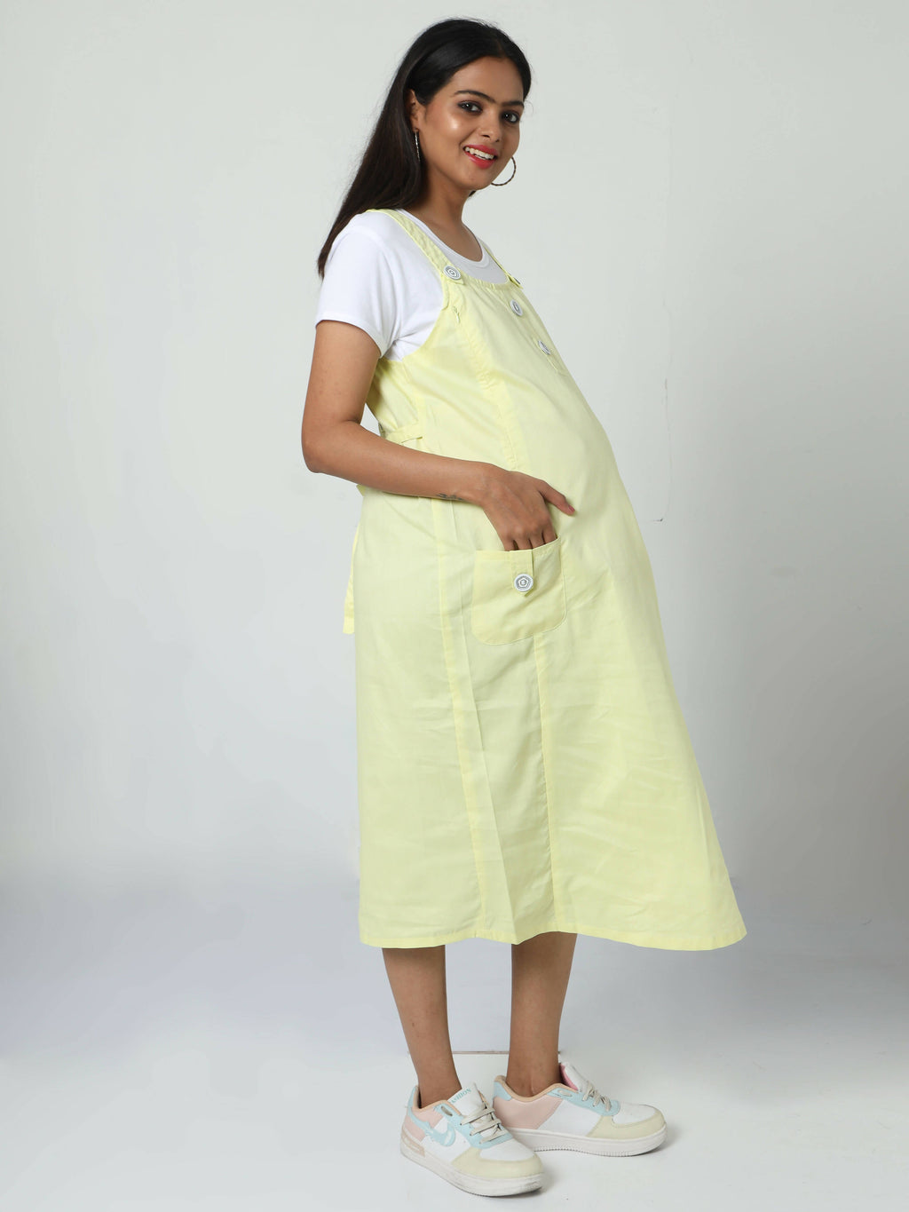Manet Half Sleeves Solid Maternity Dress With Concealed Zipper Nursing Access - Yellow