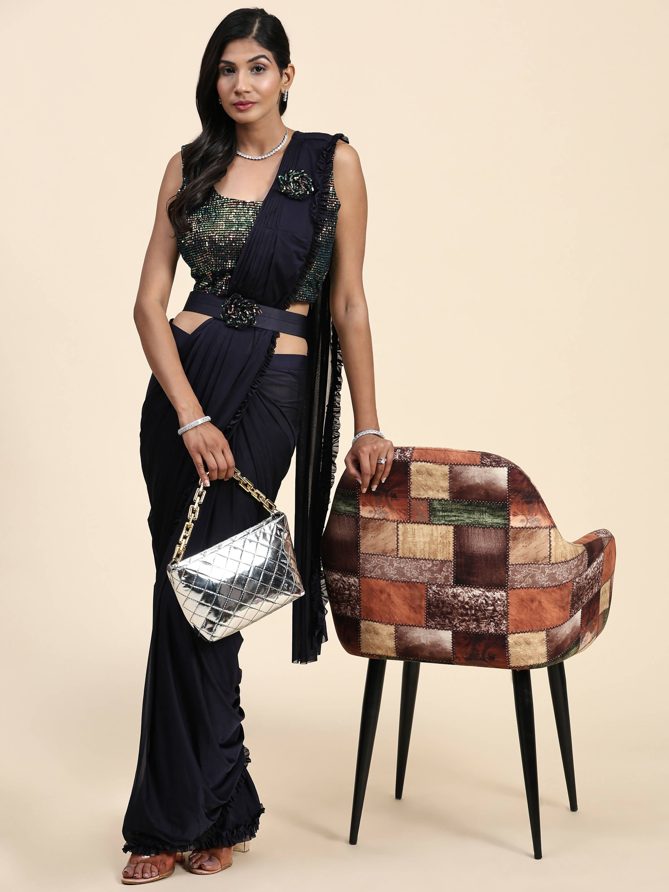 Navy Blue Imported Fabric Plain Ready to wear Saree with stitched Blouse - Vrinda