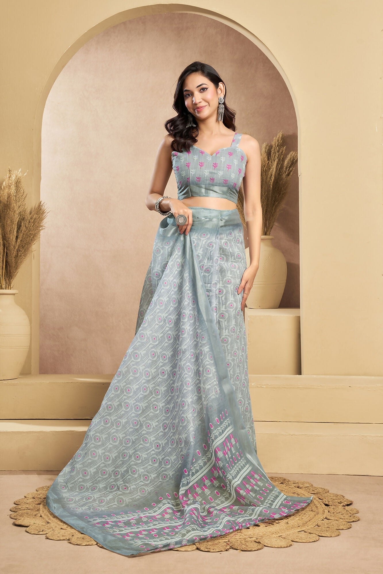 Vastranavya Grey Digital Printed Linen Ready To Wear Designer Saree with Unstitched Blouse