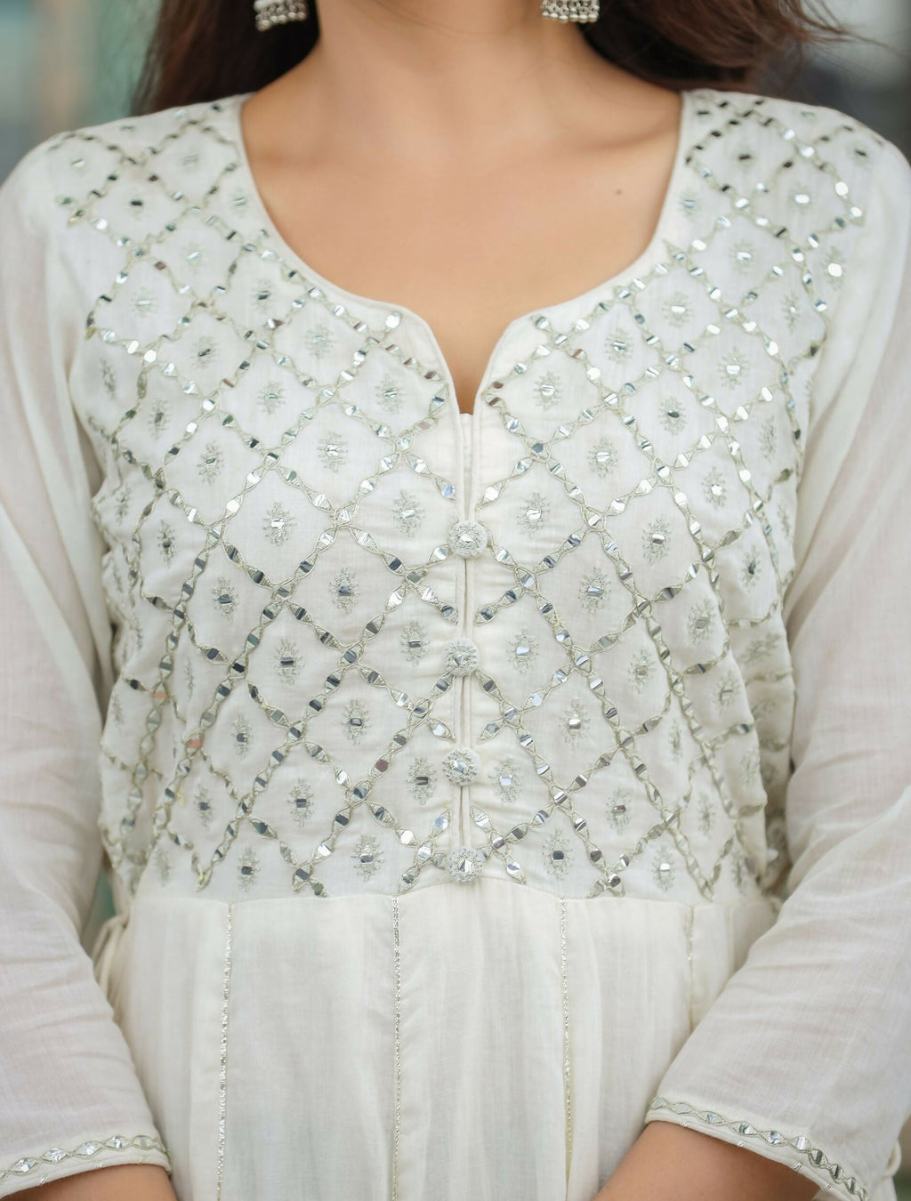 Kaajh Women's Off-White Floral Embroidered Cotton Ethnic Dress