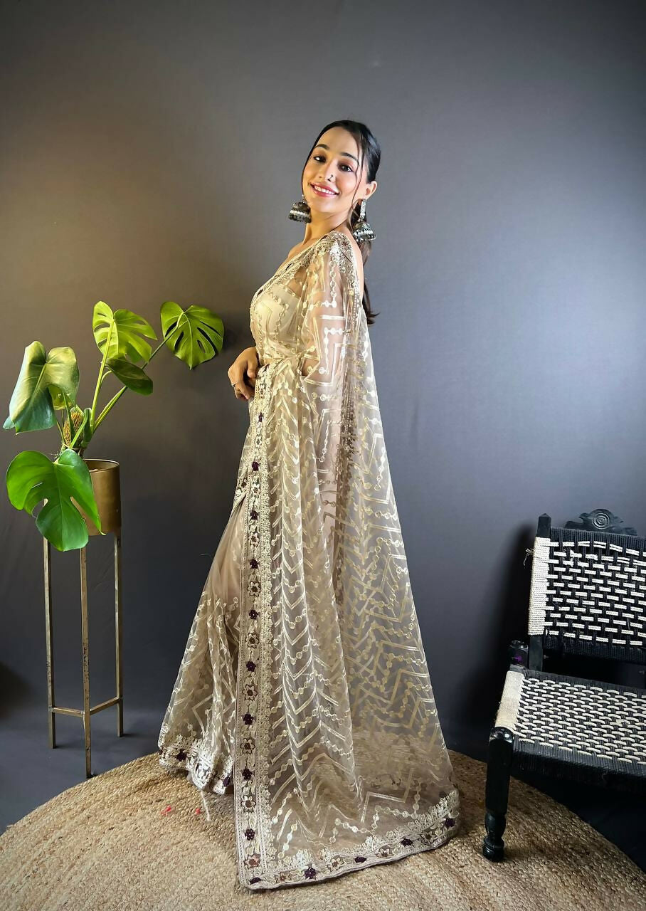 Vastranavya Butterfly Net Designer Chain Stitch Embroidery Work with Foil Thread & Stone Work Saree with Blouse Material - Beige