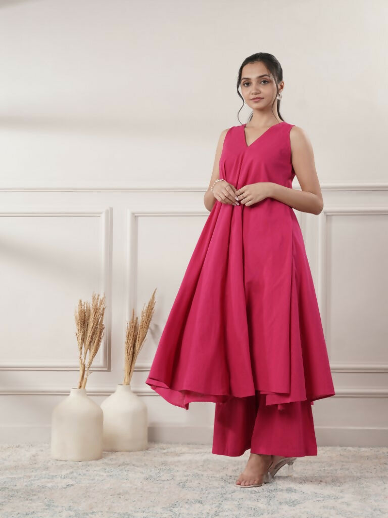 Joban Fashion Women's Fuchsia Cotton A-Line Midi Dress With Pants