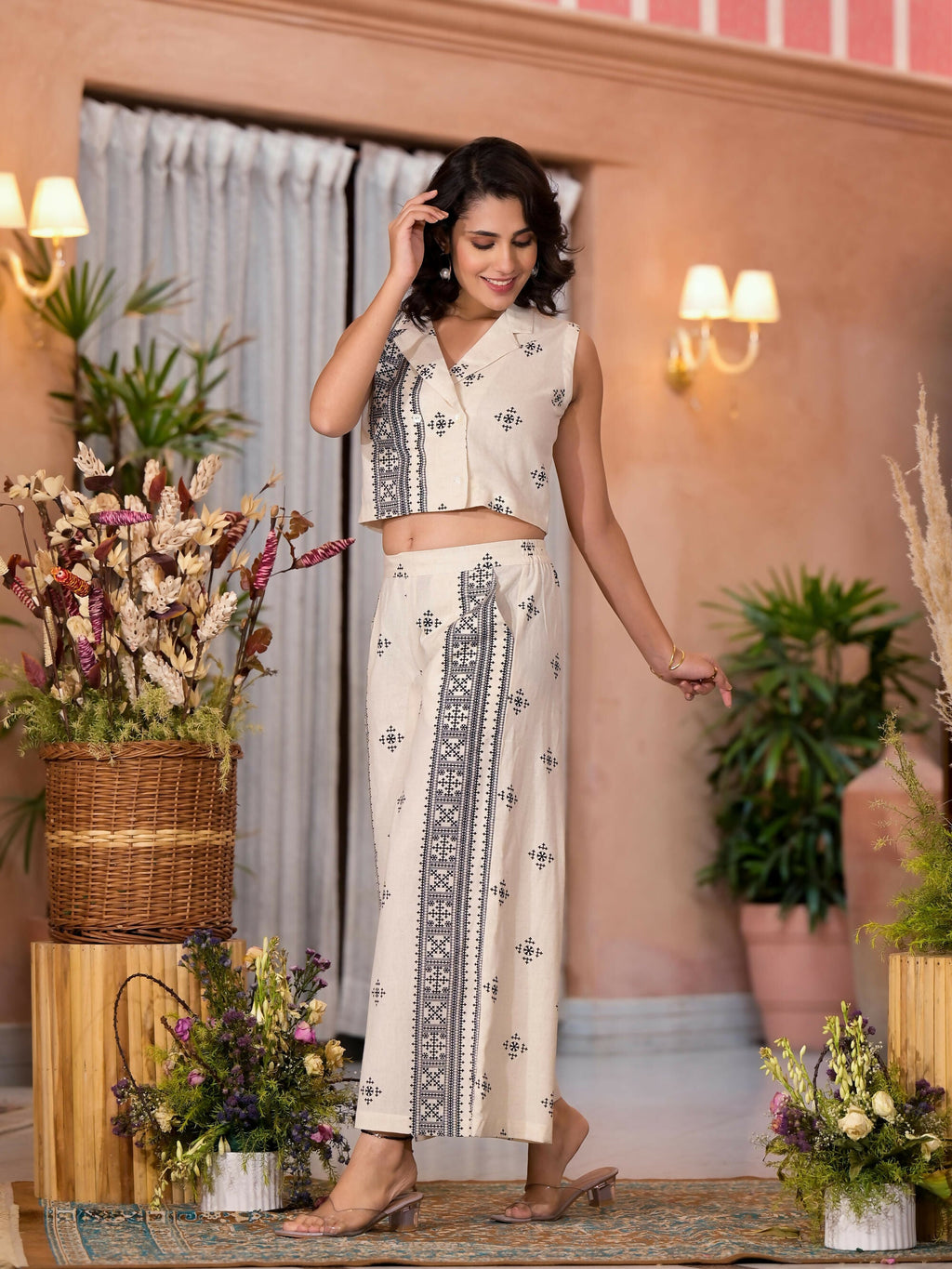 Juniper Women's Natural Ethnic Motif Printed Cotton Top & Palazzo Co-Ord Set With Button Closure