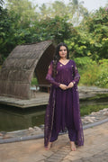 Jyoti Fashion Women's Wine Faux Blooming Embroidered Kurta with Trouser & Dupatta