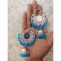 MS Fashion India Chandbali Mirror Design Earrings With Blue Color Pearls And Jhumka Hangings