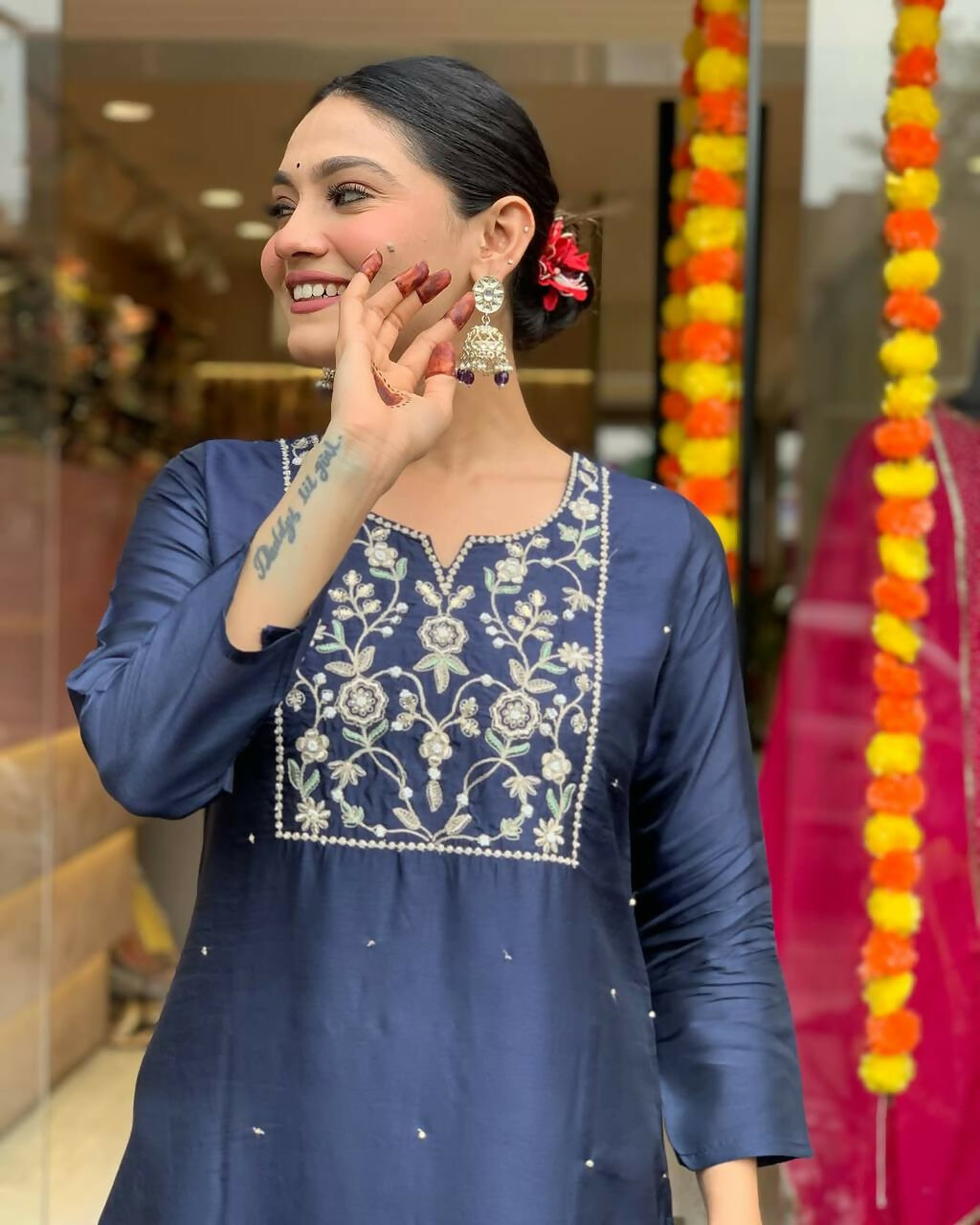 The52 Navy Blue Women's Beautiful Viscose Chanderi Fabric Embroidered Work Straight Kurta Pant and Dupatta Set