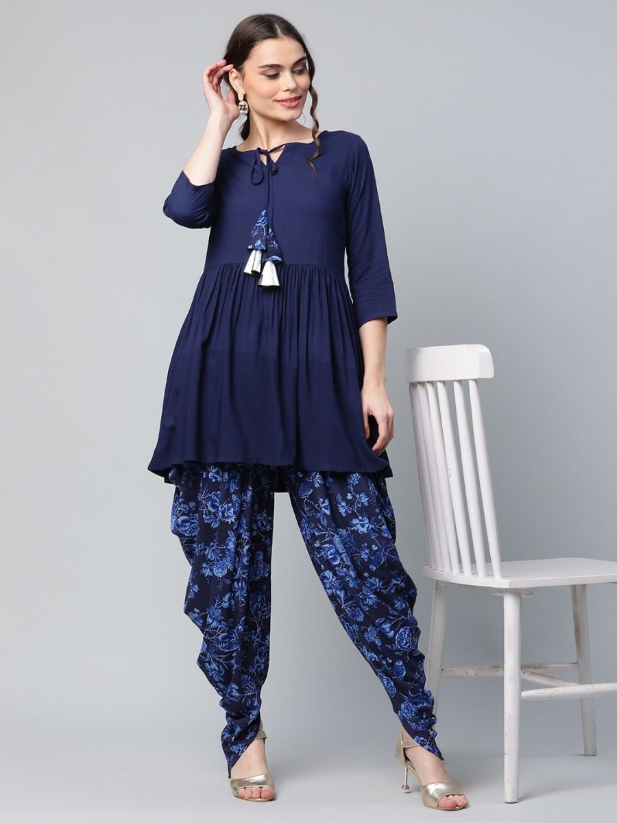 Ahalyaa Women Navy Blue Rayon Floral Empire Kurti with Dhoti Pants