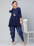Ahalyaa Women Navy Blue Rayon Floral Empire Kurti with Dhoti Pants