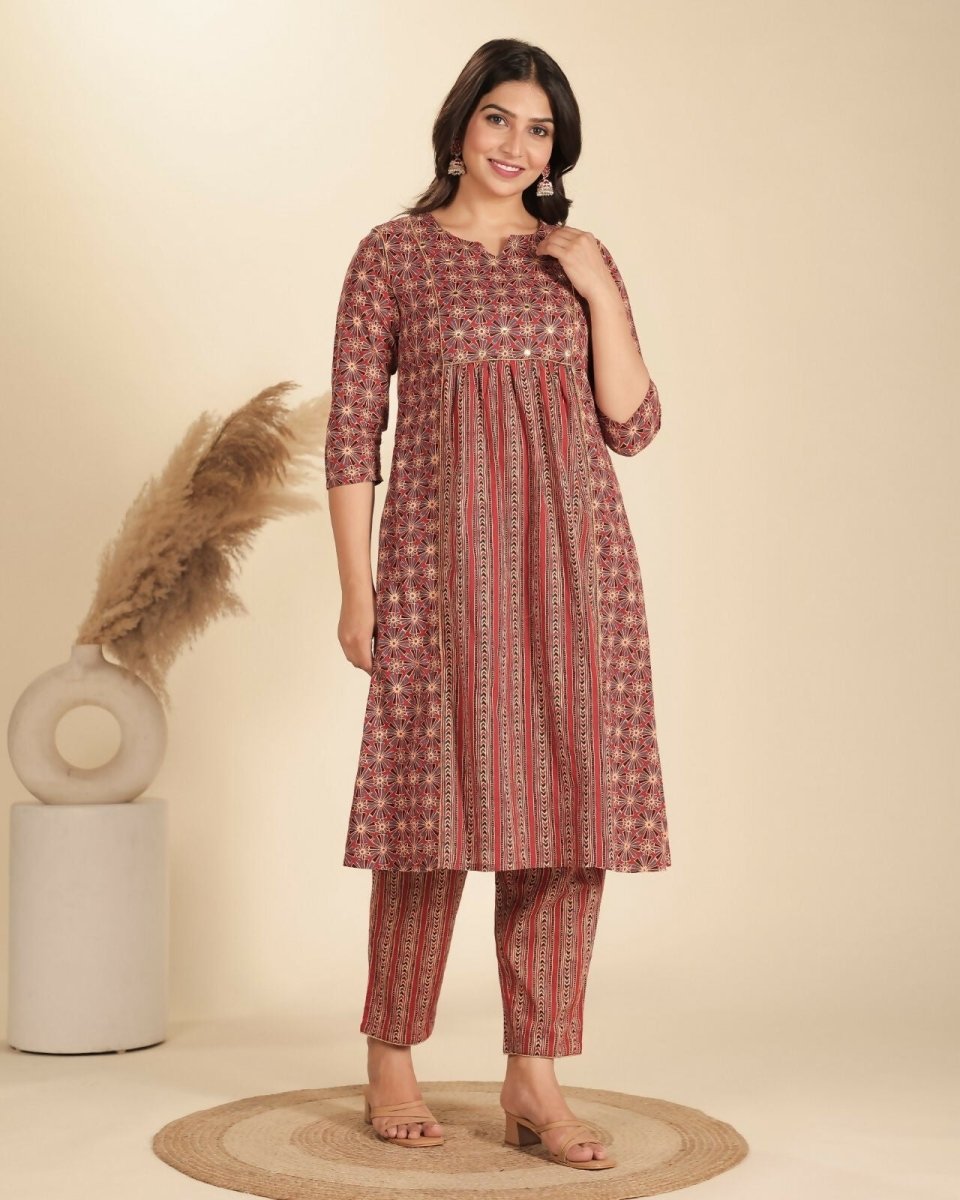 Aramya Red Soft Cotton Geometric Print Panelled Kurta Set for Women