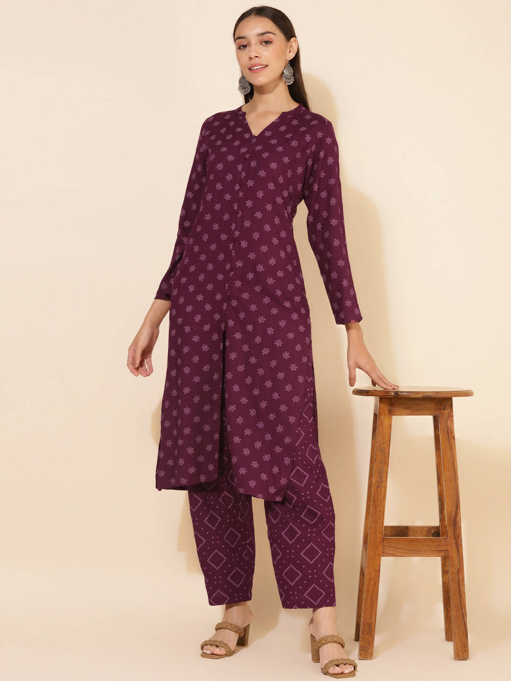 Janasya Women's Wine Rayon Floral Printed Casual Straight Co-ords