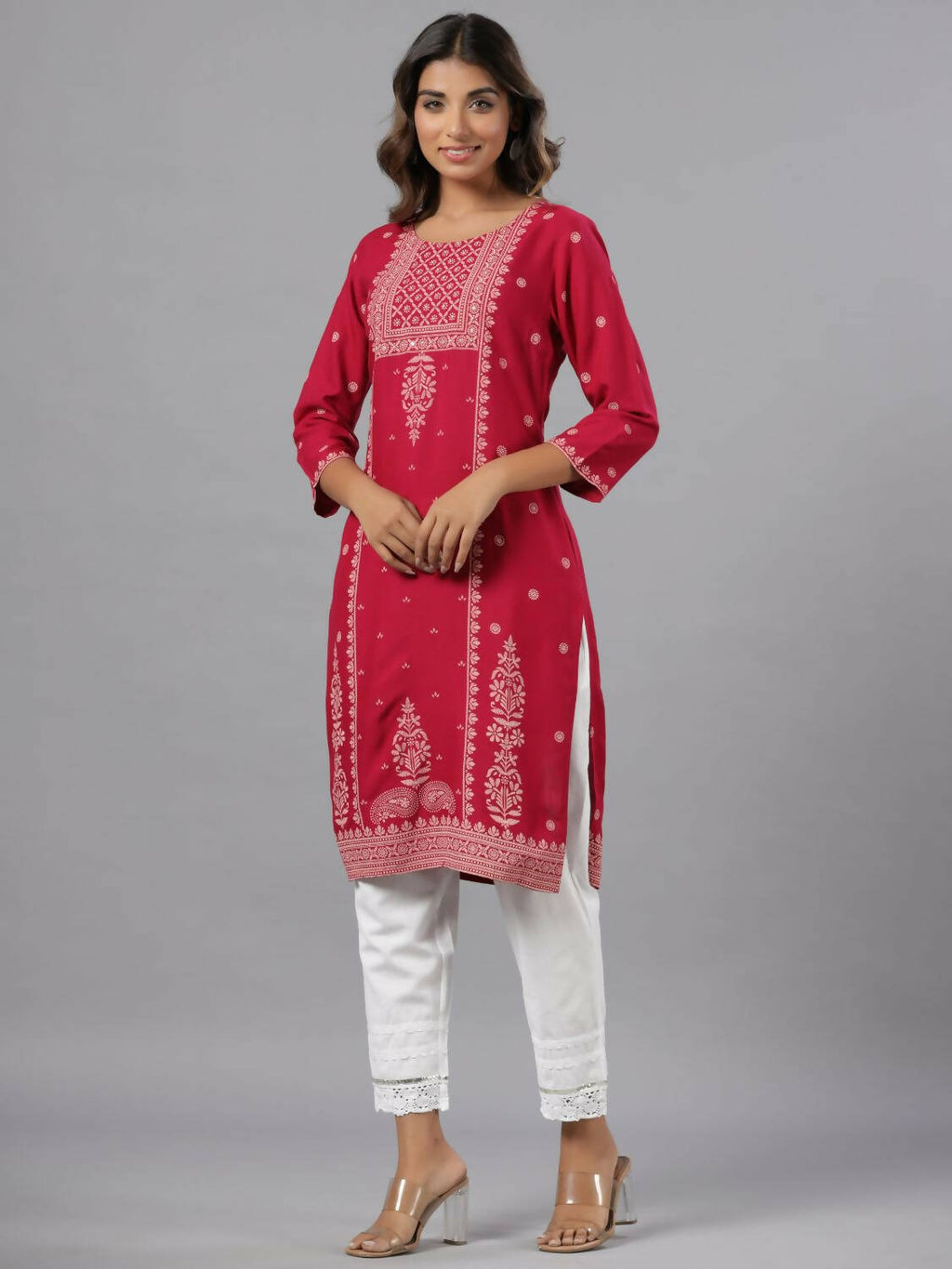 Juniper Women Fuchsia Rayon Printed Knee Length Straight Kurta
