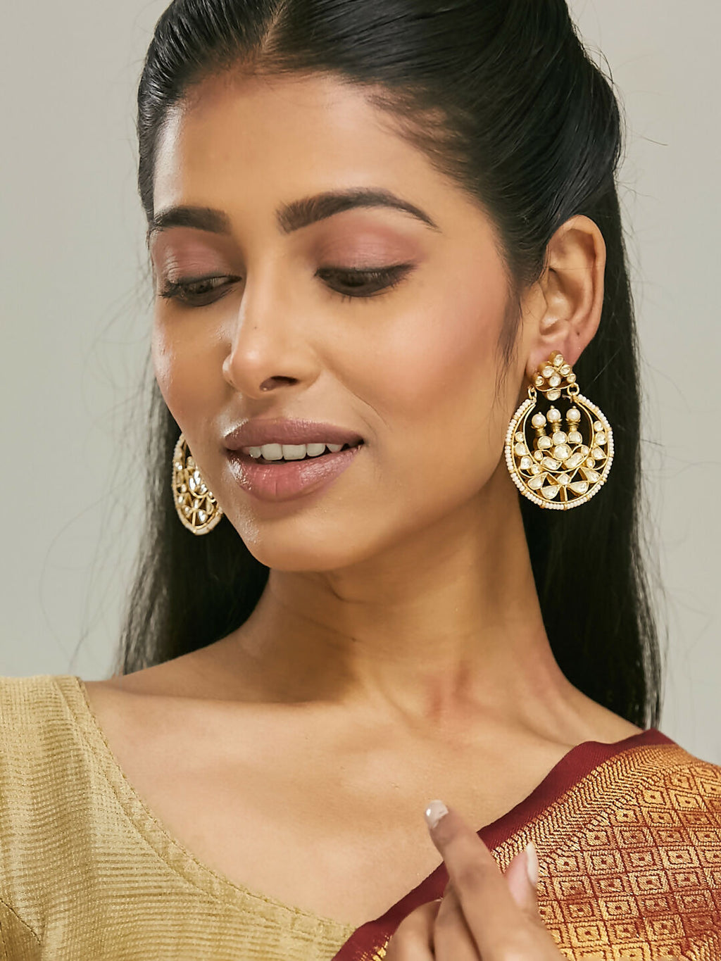 Nuyug 22K Gold-Plated Elegant Kundan Stone Studded & Pearl Beaded Chandbalis