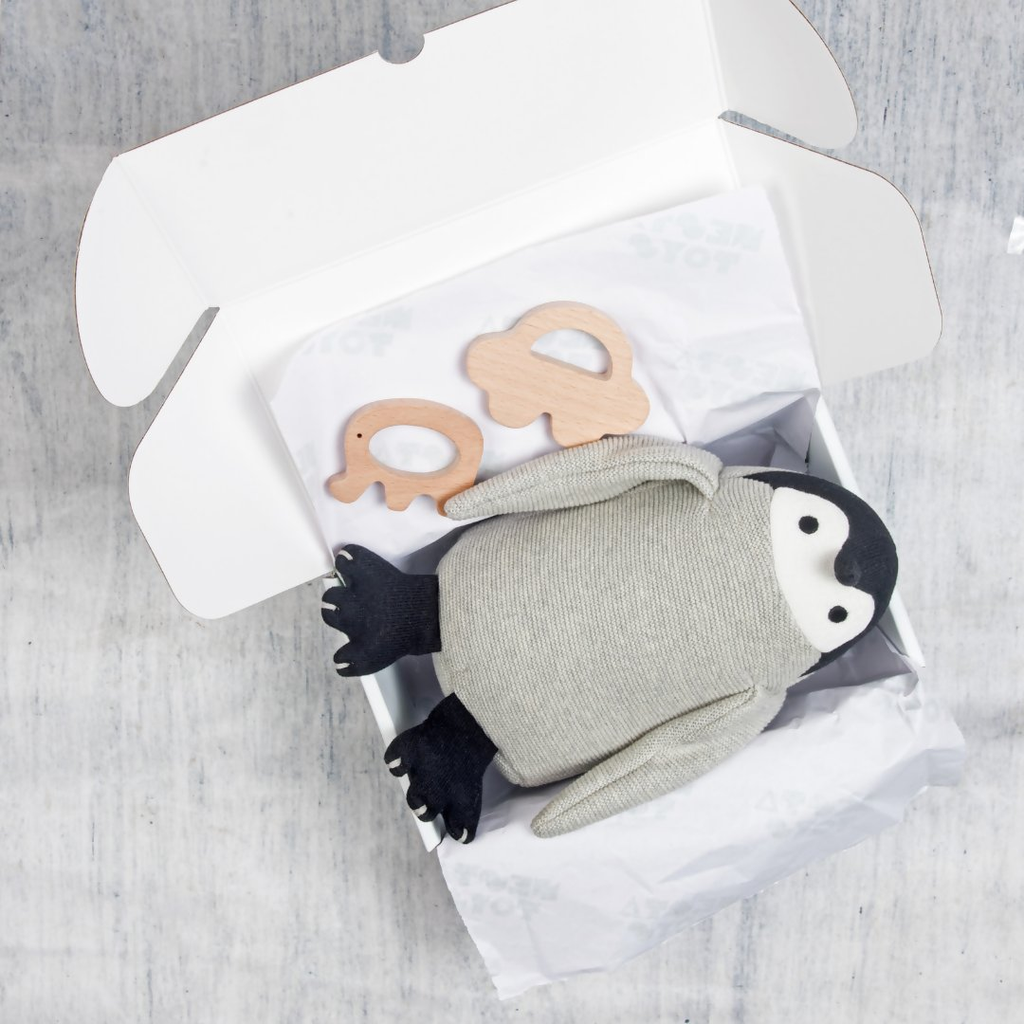 Nesta Toys Newborn Gift Set - Penguin Plush Toy, Wooden Elephant & Car Teether