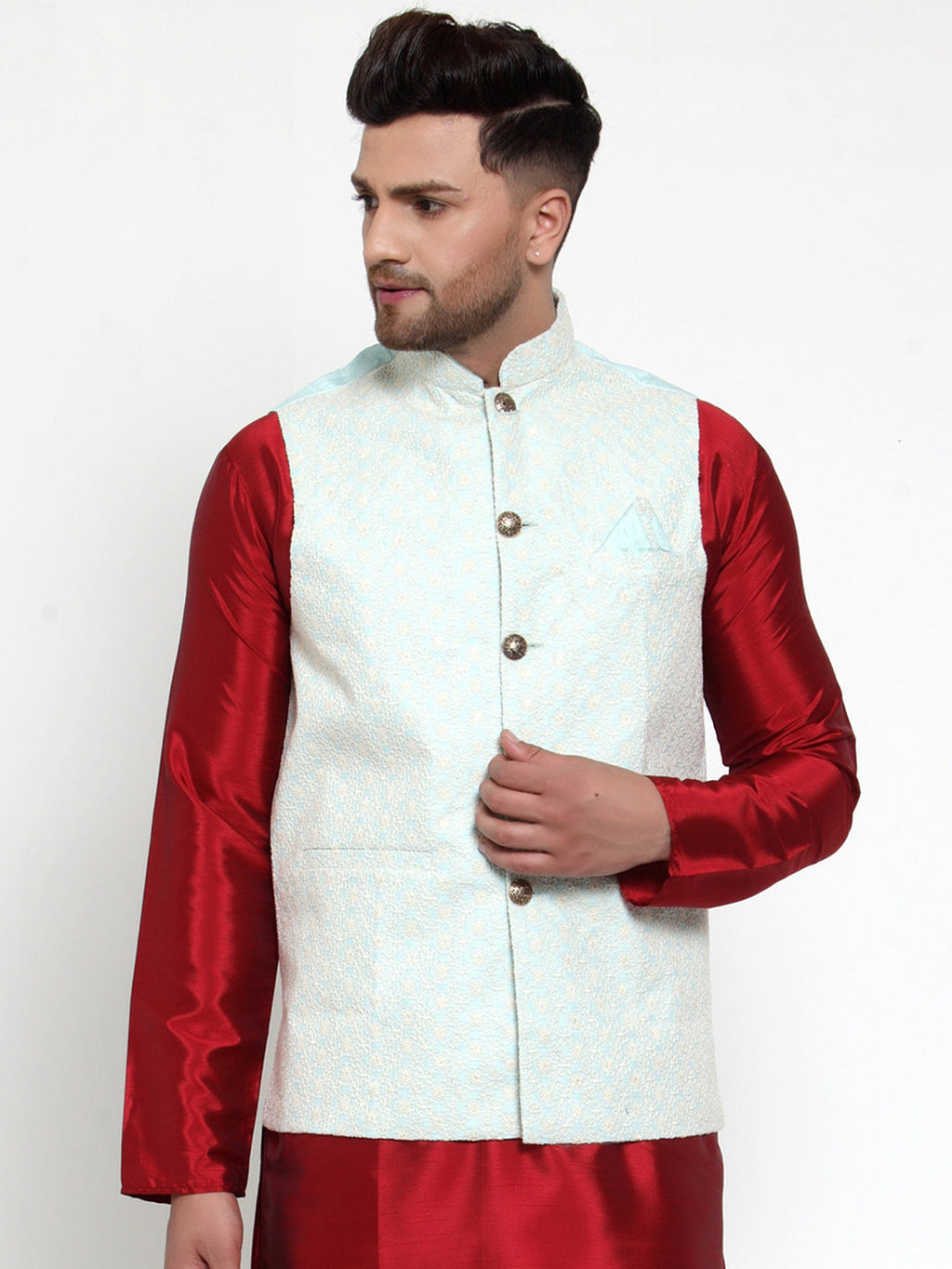 Jompers Men Blue Embroidered Nehru Jacket