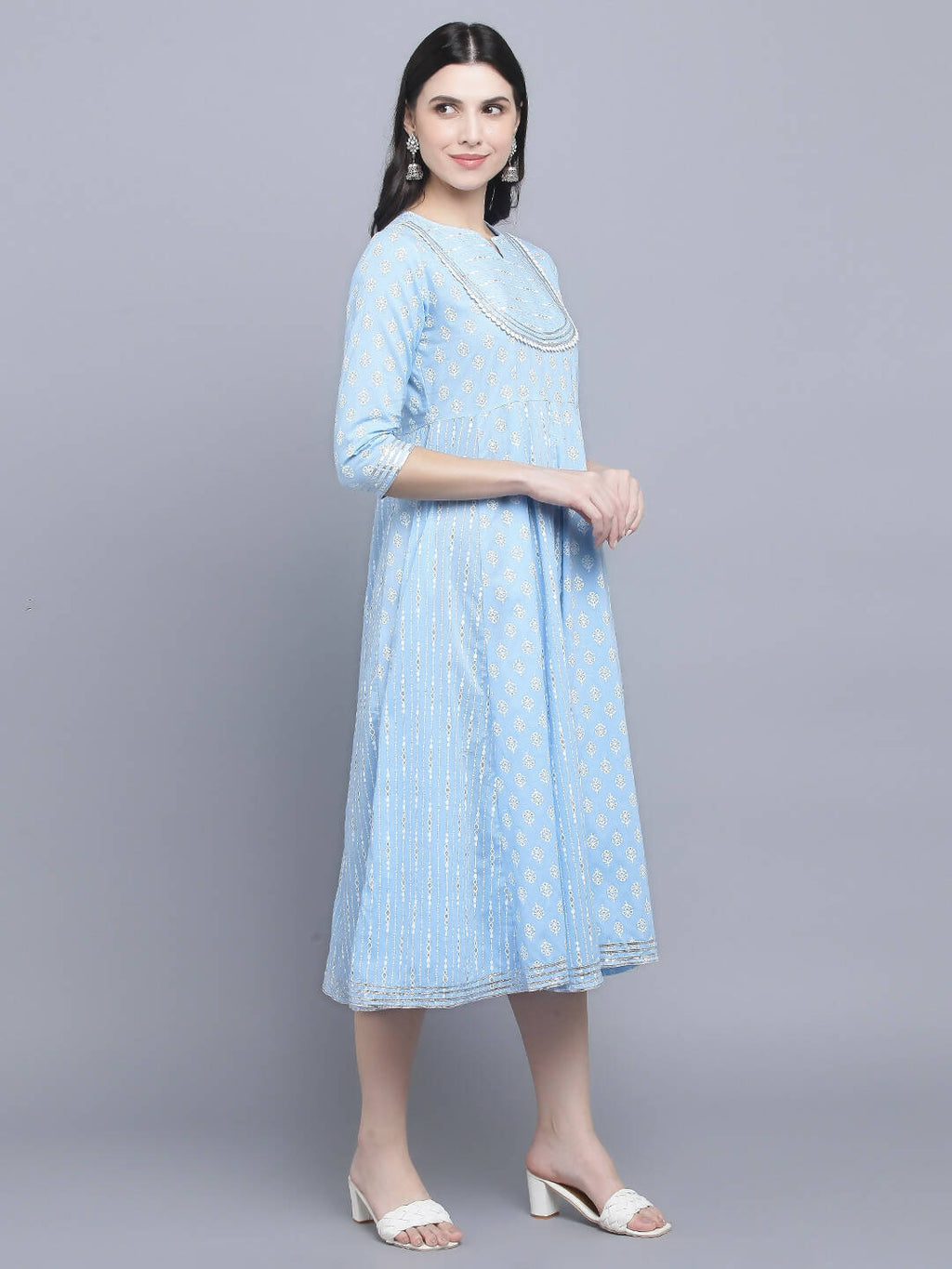 Myshka Women's Blue Ethnic Motifs Empire Midi Dress