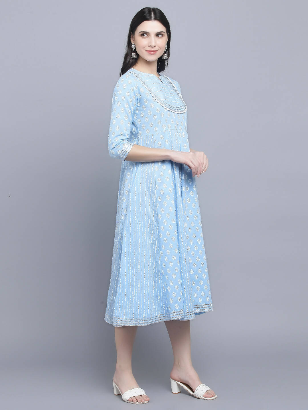 Myshka Women's Blue Ethnic Motifs Empire Midi Dress