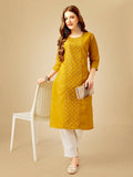 Jyoti Fashion Women's Yellow Cotton Blend Embroidered Kurta Pant Set