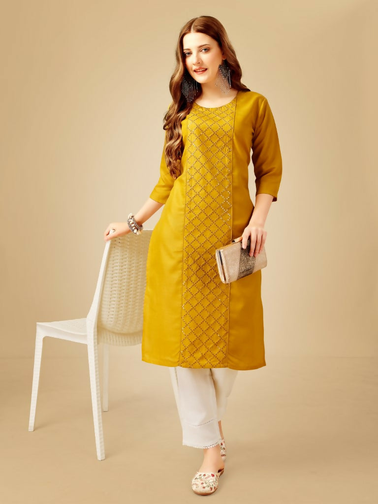 Jyoti Fashion Women's Yellow Cotton Blend Embroidered Kurta Pant Set