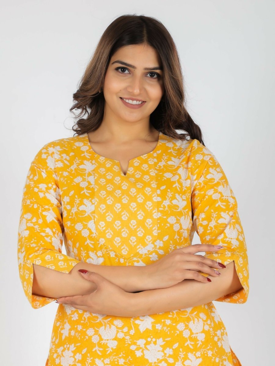 Aramya Yellow Soft Cotton Floral Straight Kurta for Women