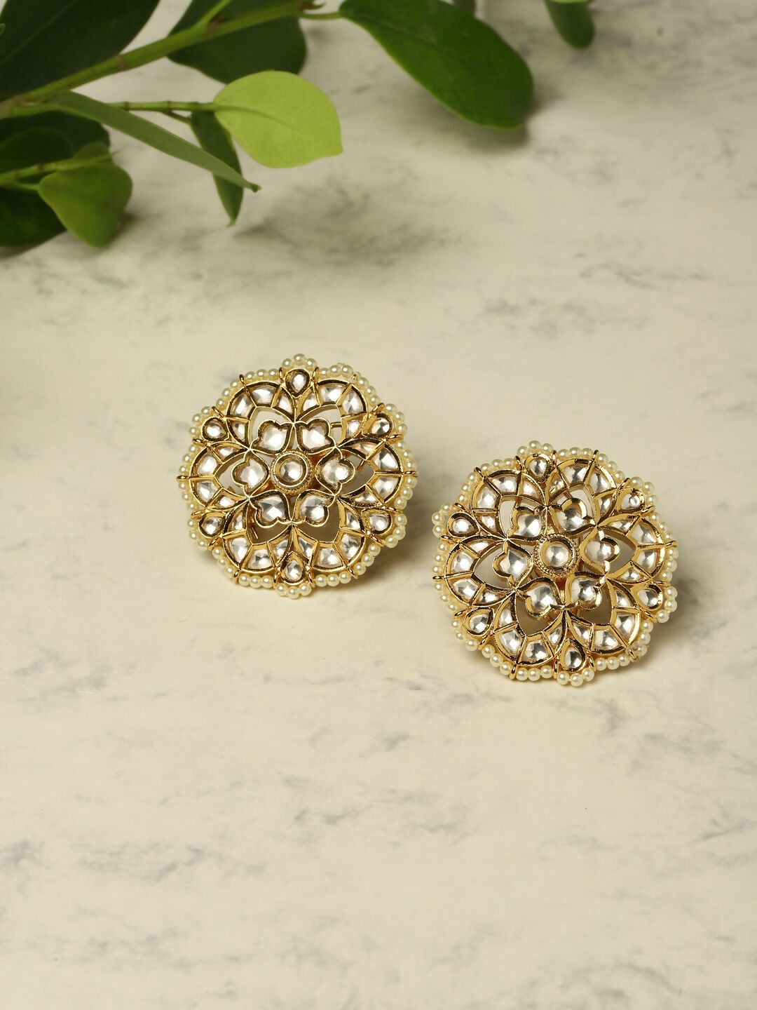 Oversized Round Kundan Studs- Ruby Raang