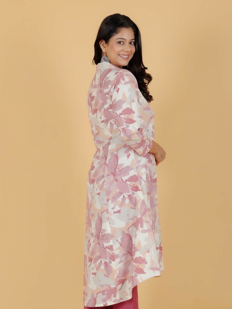 Aramya Pink Linen Cotton Foliage High Low Kurta for Women