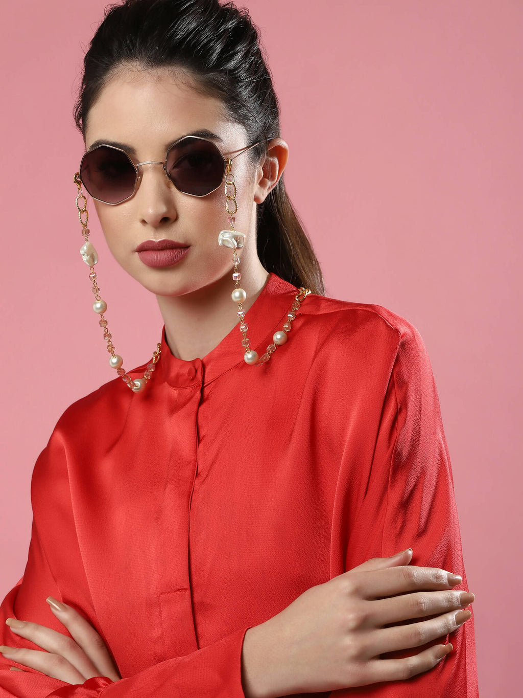 White Golden Embellished Mask Chain - Ruby Raang