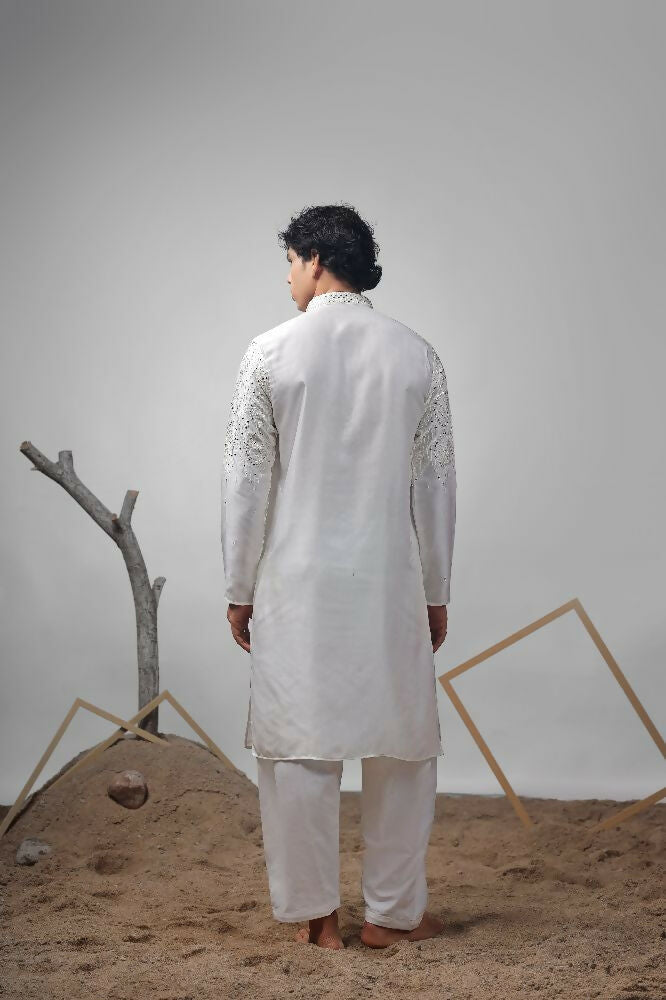 White Greek Satin Heavy Embroidery Work Kurta Set - Mahotsav