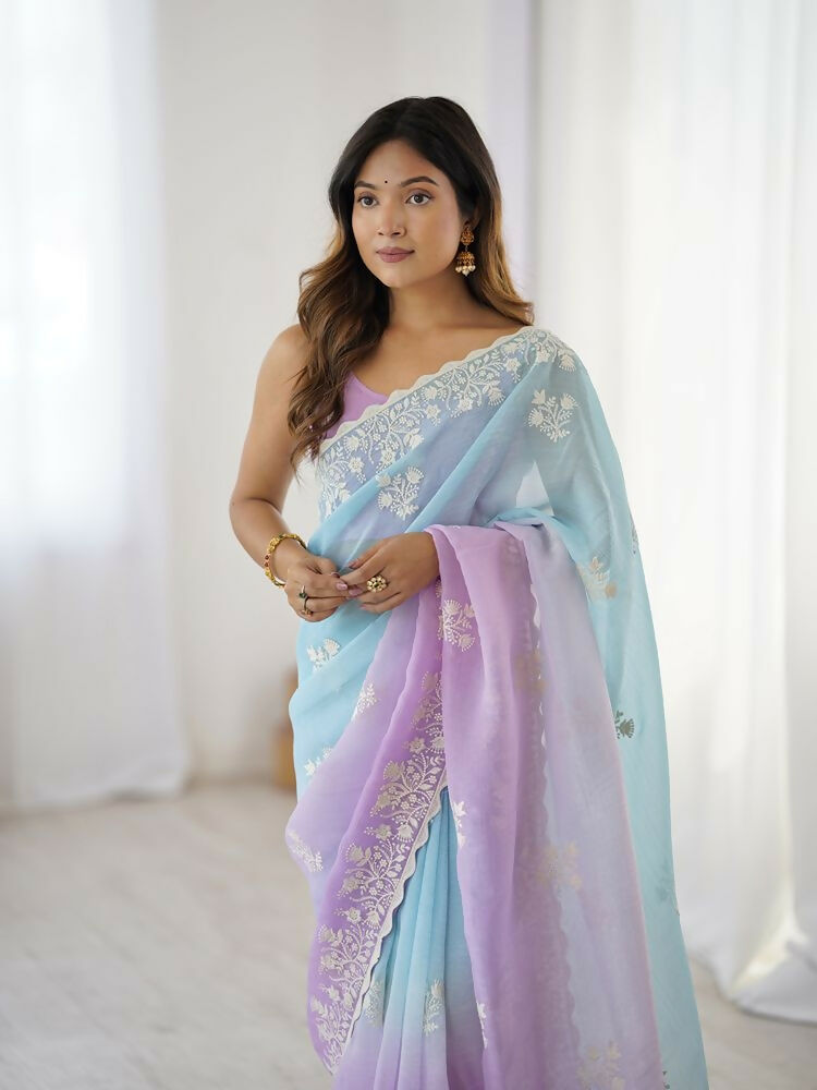Lavender Crunchy Silk Embroidery Work Party Wear Saree - Lakshita