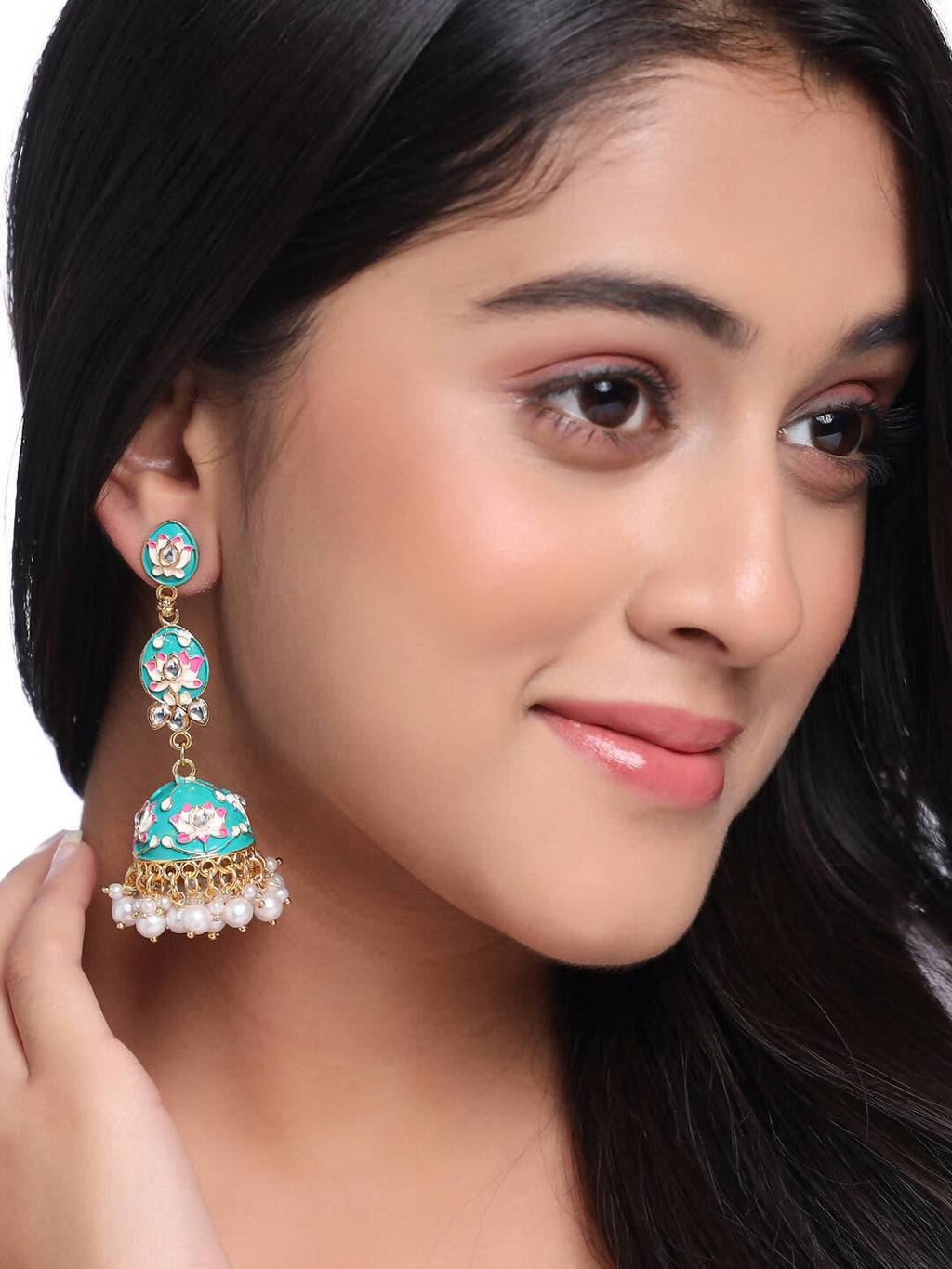 NVR Women Gold-Polished Blue Kundan Jhumkas Earrings