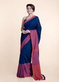 Suta Navy Blue Pink Colourblocked Mul Saree