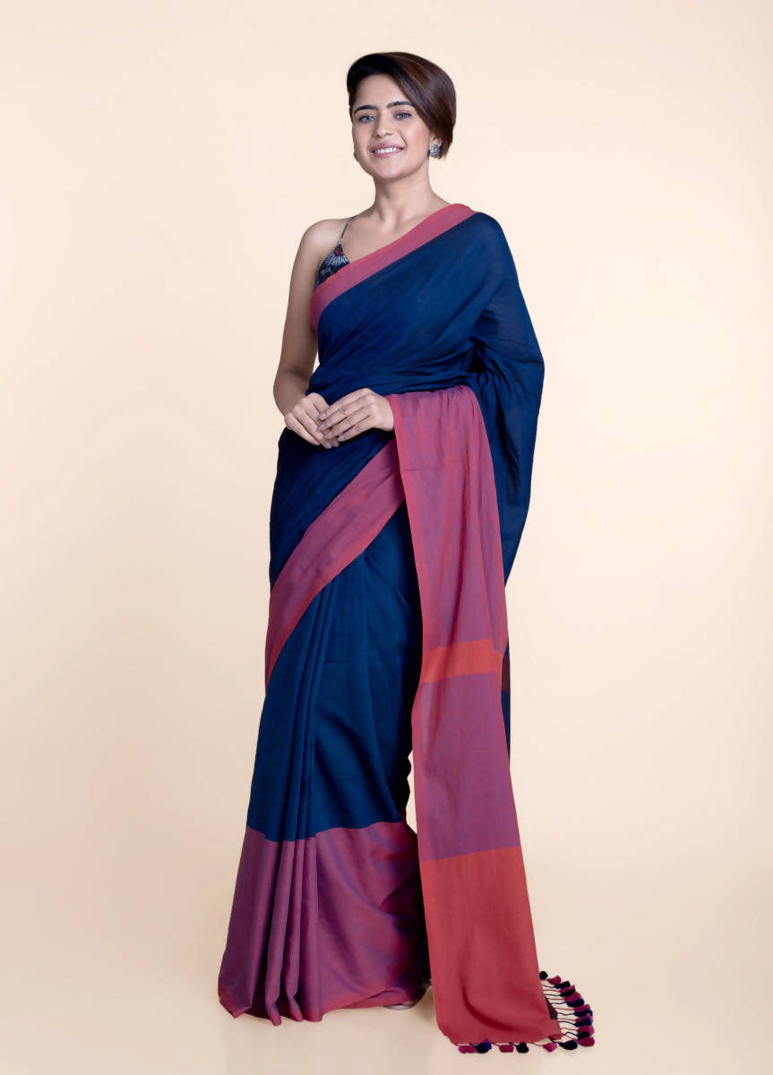Suta Navy Blue Pink Colourblocked Mul Saree
